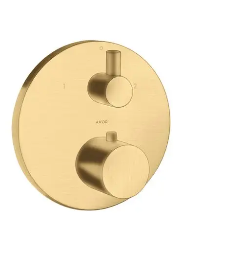 Thermostatbedienung mit zwei Reglern auf runder, goldfarbener Oberfläche. Hersteller AXOR. Minimalistisches Design ohne sichtbare Schrauben.